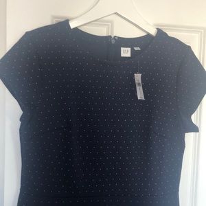 Navy and small white polka dot dress